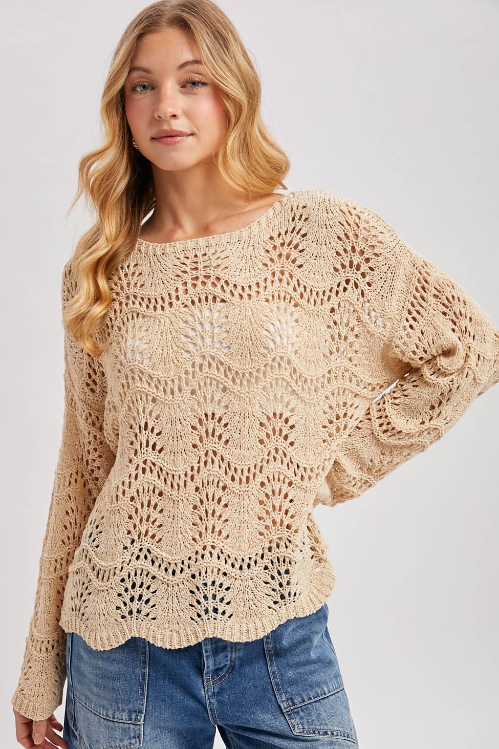 BOAT NECK SCALLOPED HEM OPEN KNIT SWEATER: NATURAL, M/L | Rustic